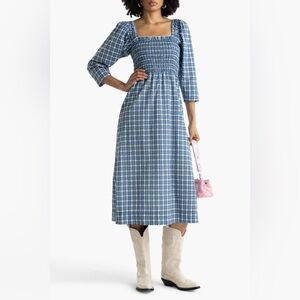 GANNI, Smocked, Blue Checkered, Midi Dress!